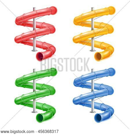 3d Screw Slides. Waterpark Spiral Slide Or Colorful Water Pipes, Aqua Park Swimming Isolated Twist P