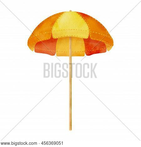 Watercolor Beach Umbrella. Hand Drawn Striped Yellow And Orange Parasol Isolated On White Background