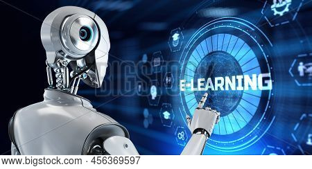 E-learning Edtech Education Technology Concept. Robot Pressing Button On Screen 3d Render