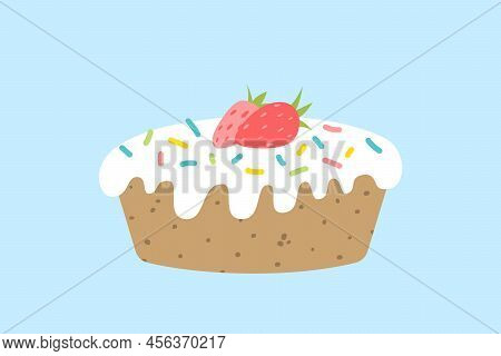 Cake With Glaze, Multicolored Sprinkle, Strawberry. Pie With Icing. Flat, Cartoon, Isolated