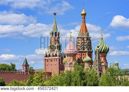 Moscow Cityscape With Cathedral Of Vasily The Blessed (saint Basil's Cathedral) And Spasskaya Tower 