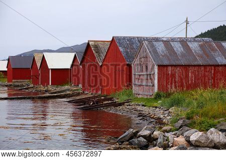 Norway Falun Red Painted Boathouse Buildings. Falun Red Is A Traditional Rural Wooden Architecture P