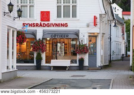 Flekkefjord, Norway - July 19, 2020: Optician Shop In Old Town Of Flekkefjord. It Is An Old Fishing 
