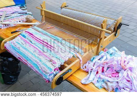 Traditional Wooden Hand Loom Or Handloom, Close Up. Carpet Weaving