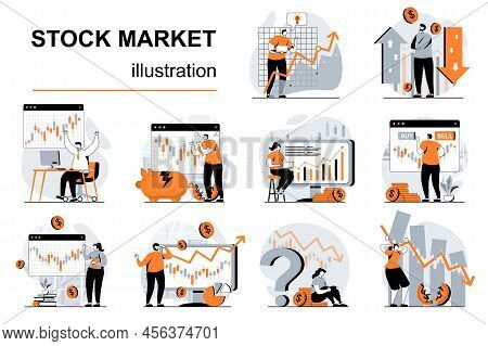 Stock Market Concept With People Scenes Set In Flat Design. Women And Men Buy And Sell Shares Of Com