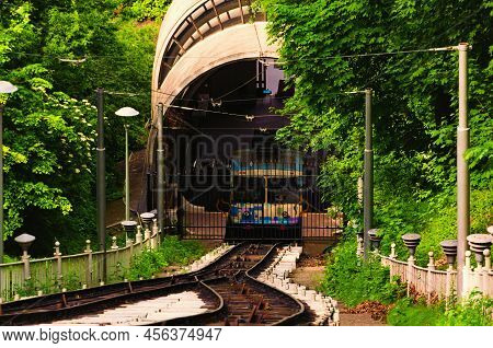 Close-up View Of Rails Path Funicular, Vertical Path, Sleepers, Cable For The Funicular. Closed The 
