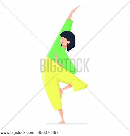 Young Girl Doing Stretching Yoga Exercise. Girl In Yoga Pose, Healthy Lifestyle Concept. Flat Vector