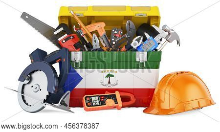 Equatoguinean Guinea Flag Painted On The Toolbox. Service, Repair And Construction In Equatorial Gui