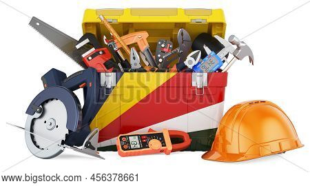 Seychelloise Flag Painted On The Toolbox. Service, Repair And Construction In Seychelles, Concept. 3