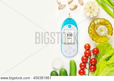 Diabetes Control Banner With Natural, Farm Vegetables, Olive Oil And Glucometer With Good Shuger Blo