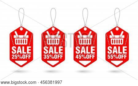 Sale Red Labels Set. Sale 25%, 35%, 45%, 55% Off Discount. Vector Illustration
