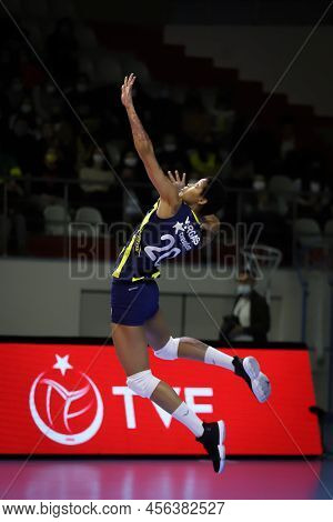 Istanbul, Turkey - January 19, 2022: Melissa Vargas Serves During Fenerbahce Vs Vc Maritza Cev Champ