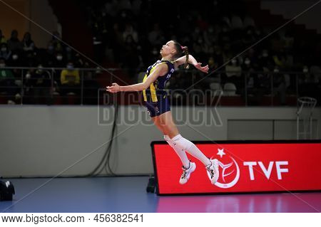 Istanbul, Turkey - January 19, 2022: Arina Fedorovtseva Serves During Fenerbahce Vs Vc Maritza Cev C