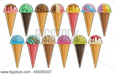 Vector Ice Cream Set, Lot Collection Of Cut Out Different Illustrations Of Group Refreshing Scoop Ba