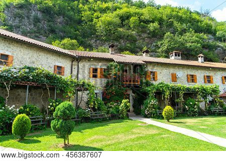 Inner Courtyard Of The Moraca Monastery. Serbian Orthodox Monastery Located In The Valley Of The Mor
