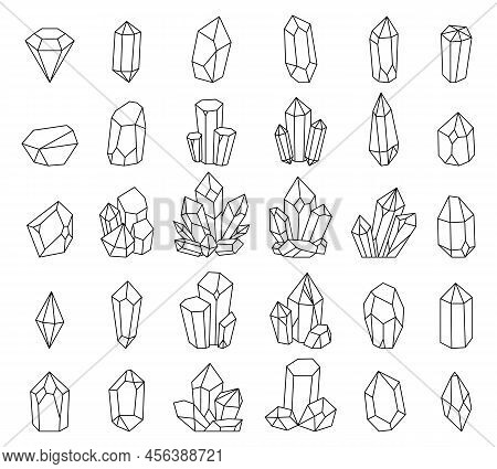 Mineral Crystal. Jewel Sapphire Gems, Crystallised Minerals And Quartz Crystals Line Icons Vector Se