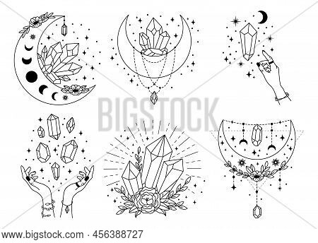 Mystery Crystals. Line Art Celestial Gems, Moon Crystal And Mystical Boho Tattoo Vector Illustration