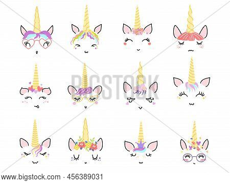 Unicorn Faces. Cute Pony Facial Expressions With Rainbow Hair, Beautiful Eyelashes And Golden Horn W