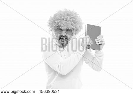 Crazy Schoolmaster In Orange Wig With Funky Sunglasses Shout Loud Holding Library Book, School