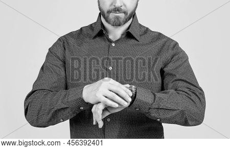 Bearded Man Cropped View In Casual Shirt Check Time On Watch Grey Background, Timekeeping