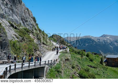 Canillo, Andorra. 2022 June 9. People Walking Towards The Longest Tibetan Bridge In Europe, 600 Mete
