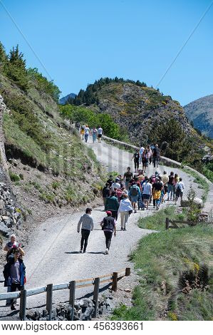 Canillo, Andorra. 2022 June 9. People Walking Towards The Longest Tibetan Bridge In Europe, 600 Mete