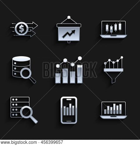 Set Financial Growth, Mobile With Graph, Laptop Chart, Sales Funnel, Server, Stocks Market Graphs An