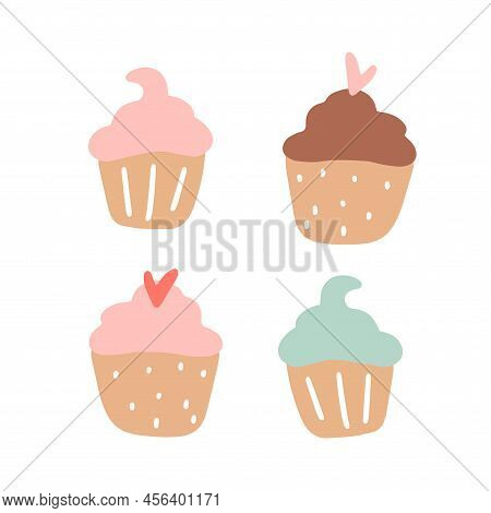 A Set Of Pink Cupcakes Isolated On A White Background. Hand Drawn Flat Vector Illustration. Tea Time