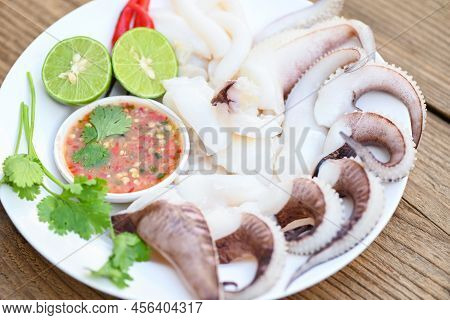 Seafood Plate Squid Food On White Plate, Fresh Squid Cooked Boiled Steam With Vegetable Salad Lemon 