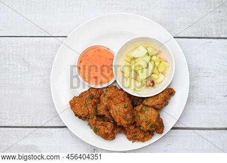 Fish Cakes On White Plate , Fried Fish Paste Balls With Sauce - Asian Thai Food