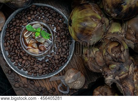 Sliced Fresh Toddy Palm In Fresh Toddy Palm Juice With Crushed Ice Mixed Espresso Coffee And Mint Le