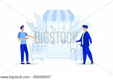 Retail Food, Shop To Online. Woman Makes Purchases Via Phone Online, Choosing Product. Shopping Cart