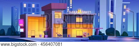 Supermarket Building Exterior On Night City Street. Vector Cartoon Illustration Of Cityscape With Mo