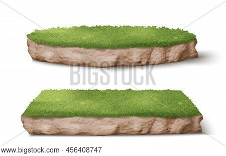 Land Pieces With Green Grass Realistic Vector Illustration. Trimmed Round And Square Park Or Garden 