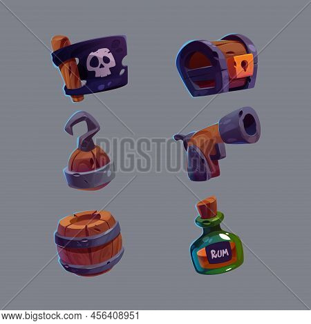 Pirate Game Icon, Cute Cartoon Vector Set Of Wooden Chest And Black Flag With Skull, Weapon And Meta
