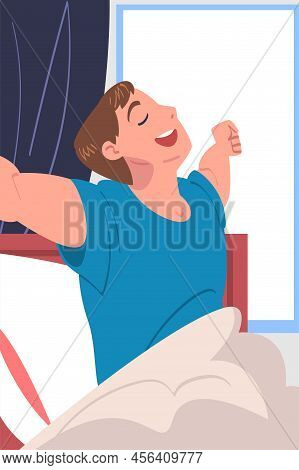 Man Character Waking Up Feeling Happy Stretching Out In Bed Ready To Get Up In The Morning Vector Il