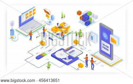 Never Run Out Of Storage. Get Free 10gb Data To Organize Stuff, Vector Isometric Illustration.