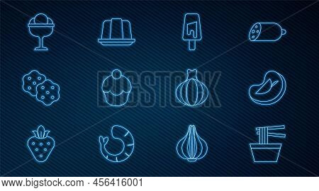 Set Line Asian Noodles In Bowl, Steak Meat, Ice Cream, Muffin, Cracker Biscuit, The, Onion And Jelly