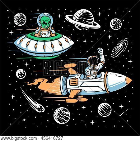 Astronaut And Alien Race Vector Illustration Hand Drawn