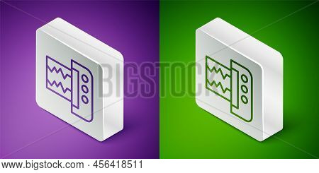 Isometric Line Seismograph Icon Isolated On Purple And Green Background. Earthquake Analog Seismogra