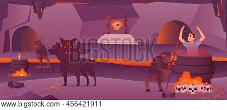 Hell Cave Scenery With Hellhound And Devils With Pitchforks Boiling Sinners In Cauldron Flat Vector 
