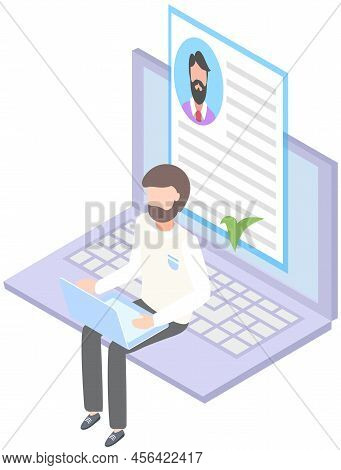 Man Surfing Internet, Interacting In Social Media With Avatar Profile, Networking. Sitting With Lapt