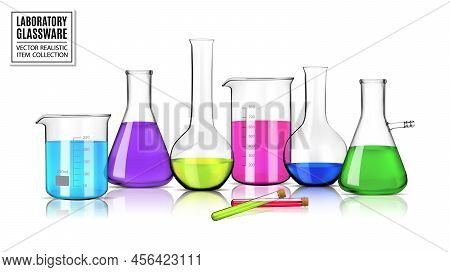 Realistic Vector Laboratory Glassware With Liquids Of Different Colors With Reflections On Table. 3d