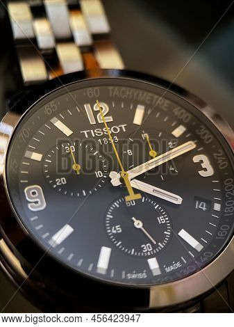 Poznan, Poland - 06.12.2022: Tissot Watch With Sapphire Crystal And Metal Bracelet Close-up. Macro V