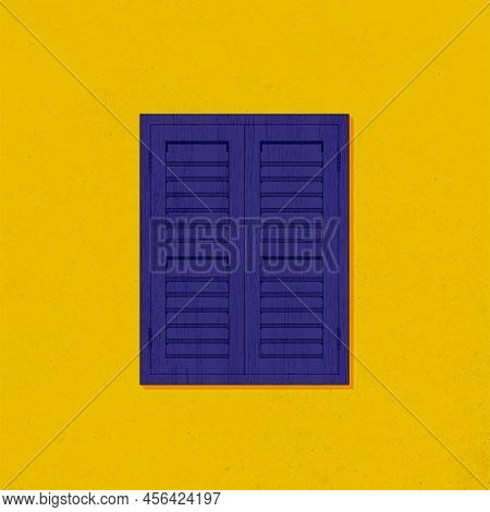 Realistic Royal Blue Traditional Style Closed Window On Plaster Yellow Wall Vector Illustration Grap