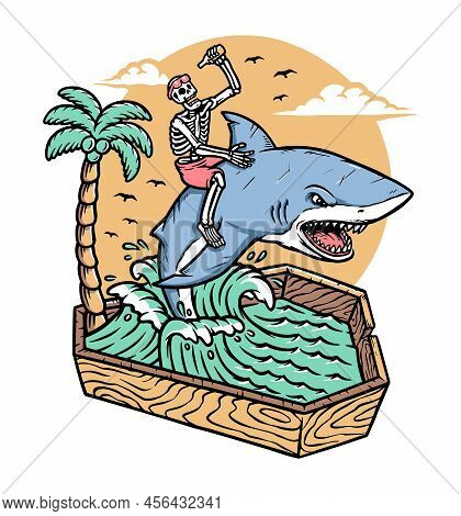 Skull Riding A Shark In The Dead Sea Illustration