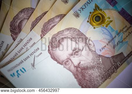 Close Up 1000 Ukrainian Money Hryvnia On White Background. Business Flat Lay With Copy Space For Tex