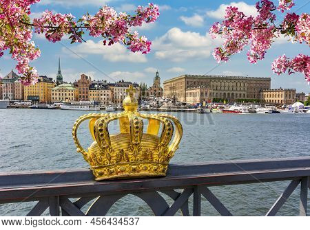 Stockholm Old Town Cityscape With Royal Palace And Royal Crown In Spring, Sweden