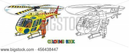 Rescue Helicopter And A Lifeguard Waving His Hand. Coloring Book. Children Vector Black And White Il