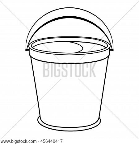 Colorless Cartoon Bucket Of Water With A Black Handle Raised Up. Coloring Page With Metal Or Plastic